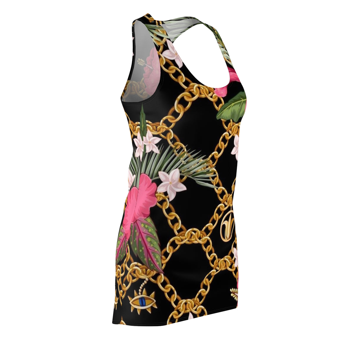 Racerback Dress — Black Floral & Gold Chain All-Over Print