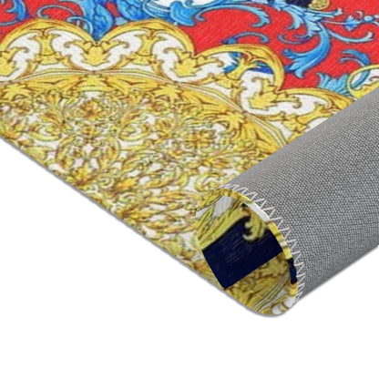 Baroque Scroll Area Rug — Red, Blue & Gold Ornate Accent Rug