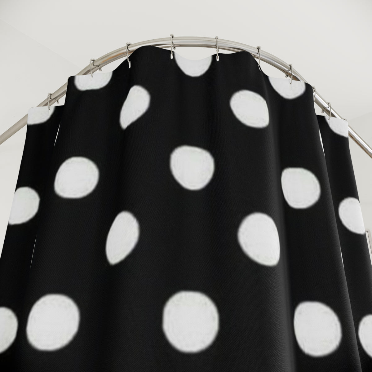 Polka Dot Roses Shower Curtain — Black & White Dotted Bath Curtain with Pink Rose Border