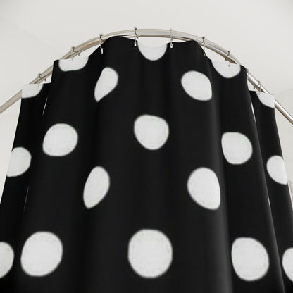 Polka Dot Roses Shower Curtain — Black & White Dotted Bath Curtain with Pink Rose Border