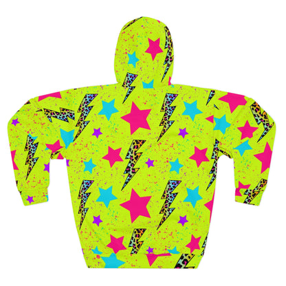 Electric Vibe Unisex Pullover Hoodie, Neon Lightning Stars, Streetwear Fashion, Gift for Him, Her, Music Festivals, Summer Nights