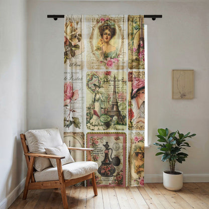 Sheer Curtain - Vintage Paris Postcard Floral Panel