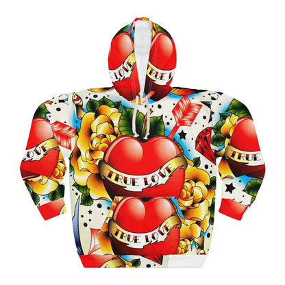 True Love Tattoo Heart Hoodie — All-Over-Print Vintage Tattoo Pullover