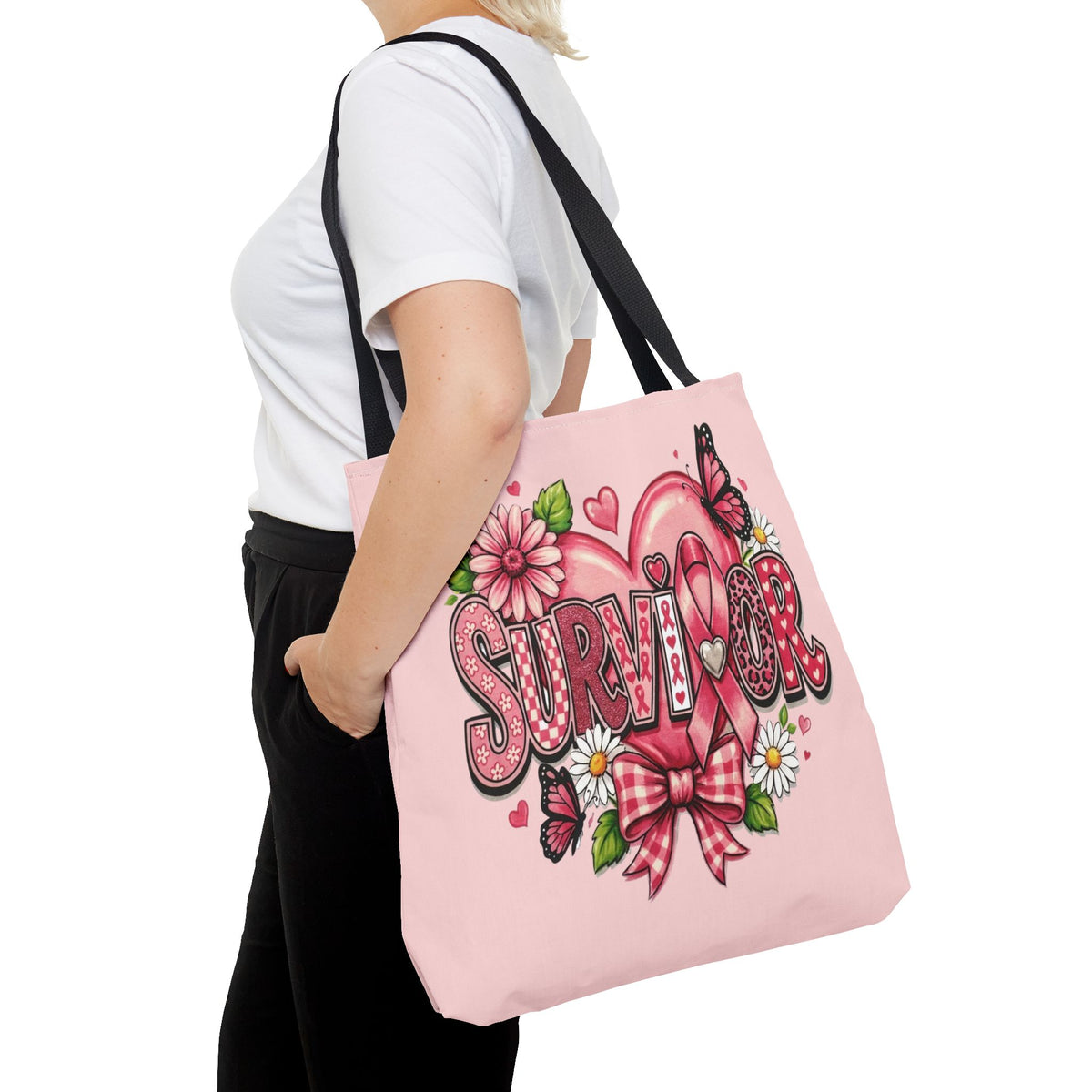 Survivor Pink Ribbon Tote Bag – Breast Cancer Awareness Floral Tote