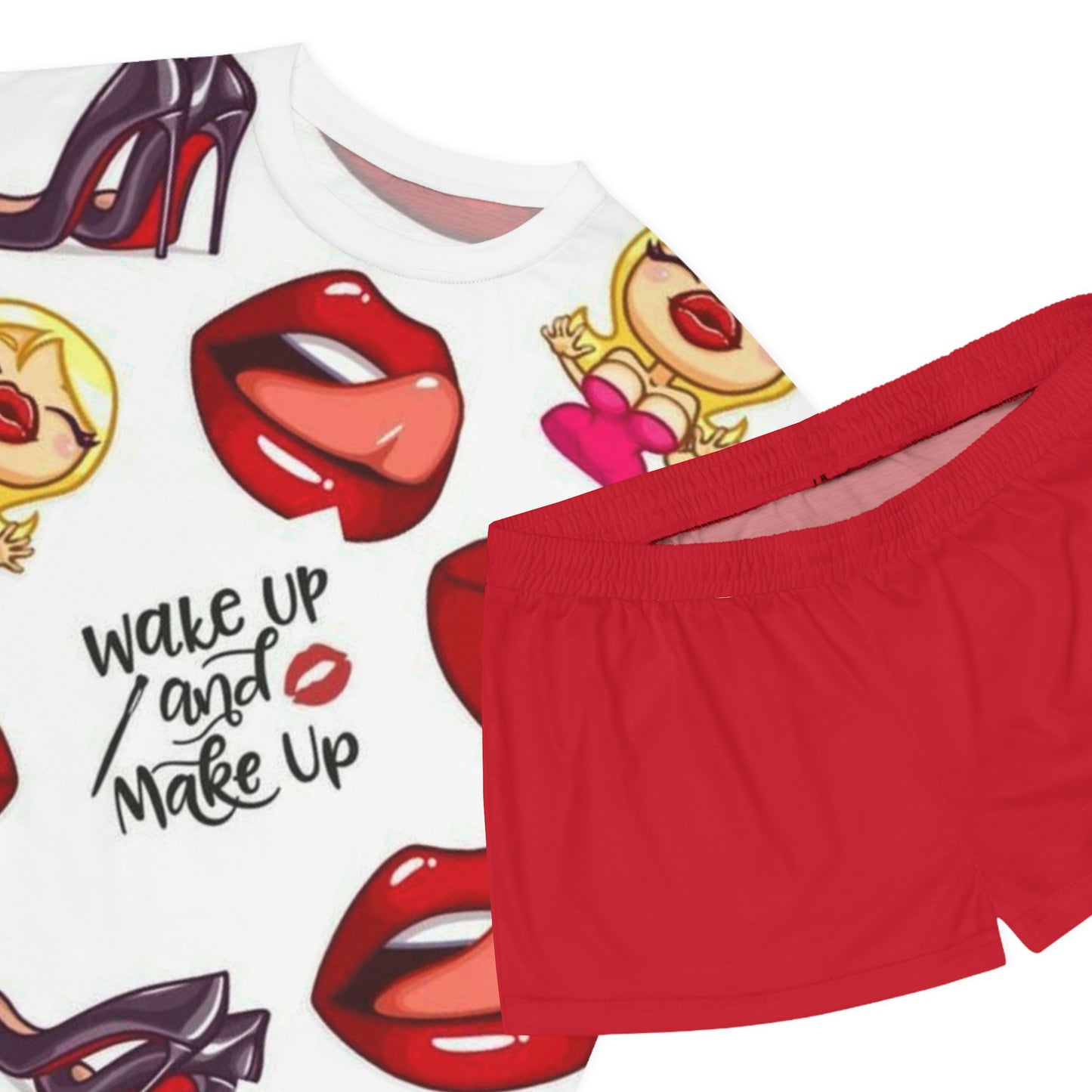 Wake Up & Make Up Women's Short Pajama Set - Fun and Stylish Sleepwear for Relaxation