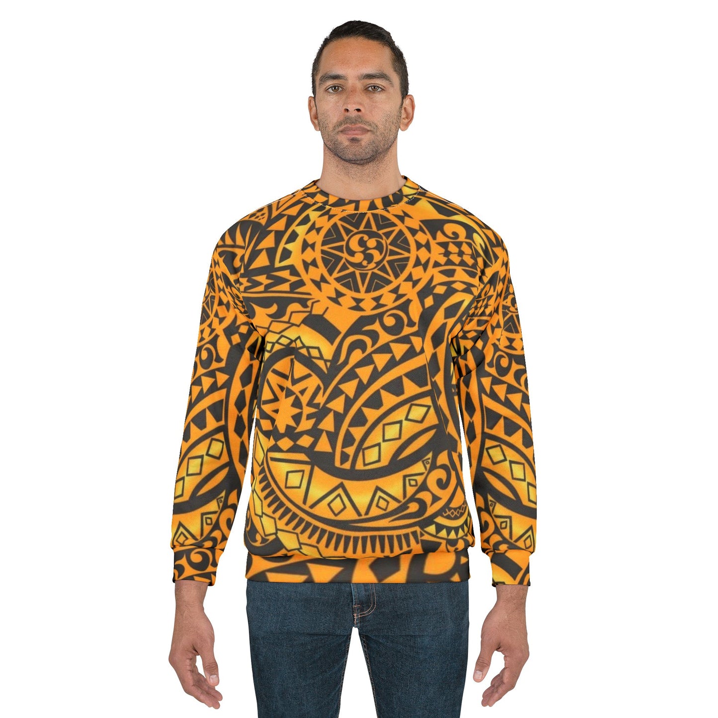 Polynesian Tribal Pattern Sweatshirt — Bold Orange Island-Inspired All-Over Print