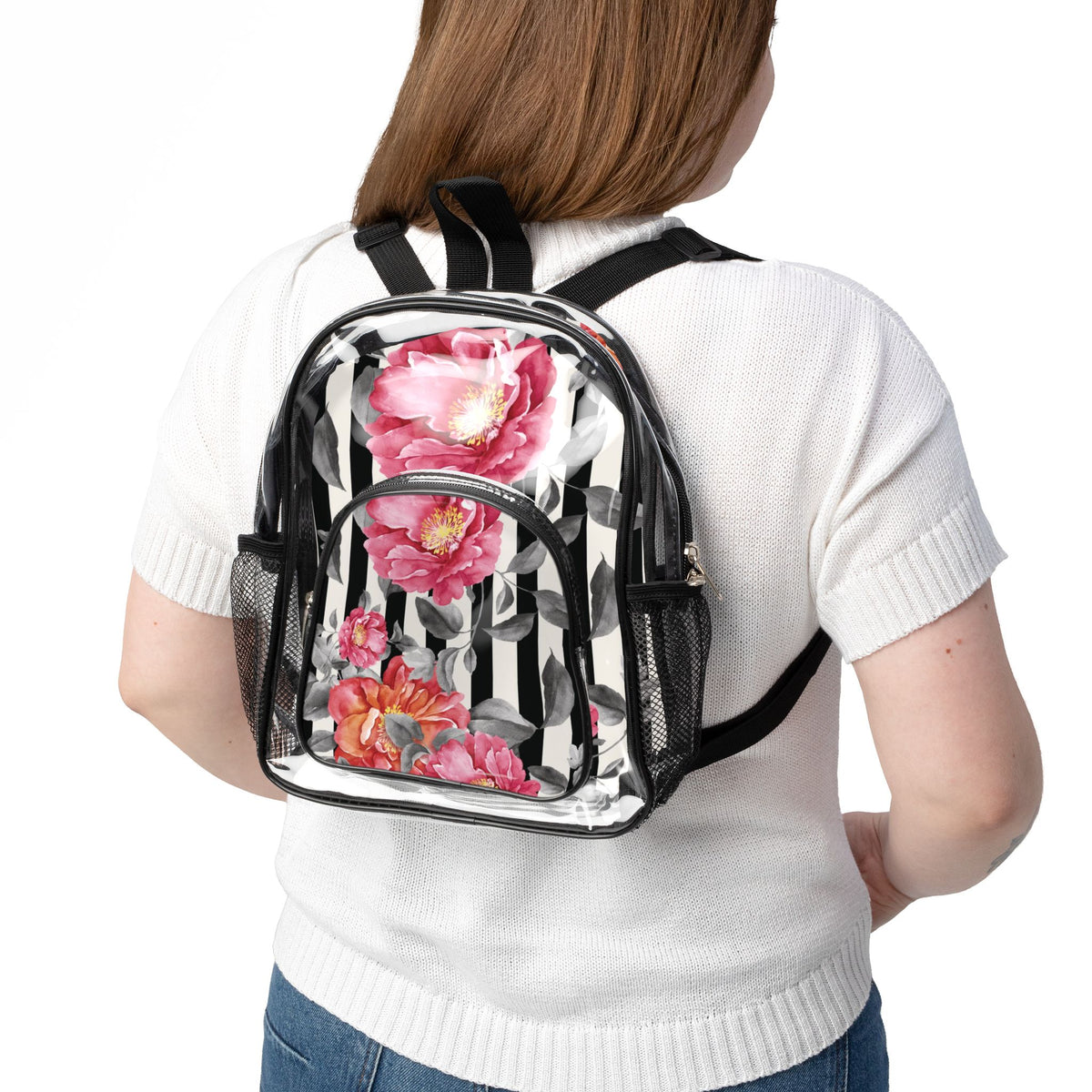 Clear Stadium Backpack — Transparent Floral Peony Design, School & Event Clear Bag