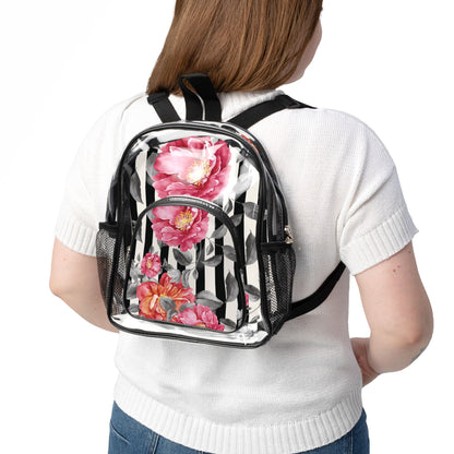 Clear Stadium Backpack — Transparent Floral Peony Design, School & Event Clear Bag