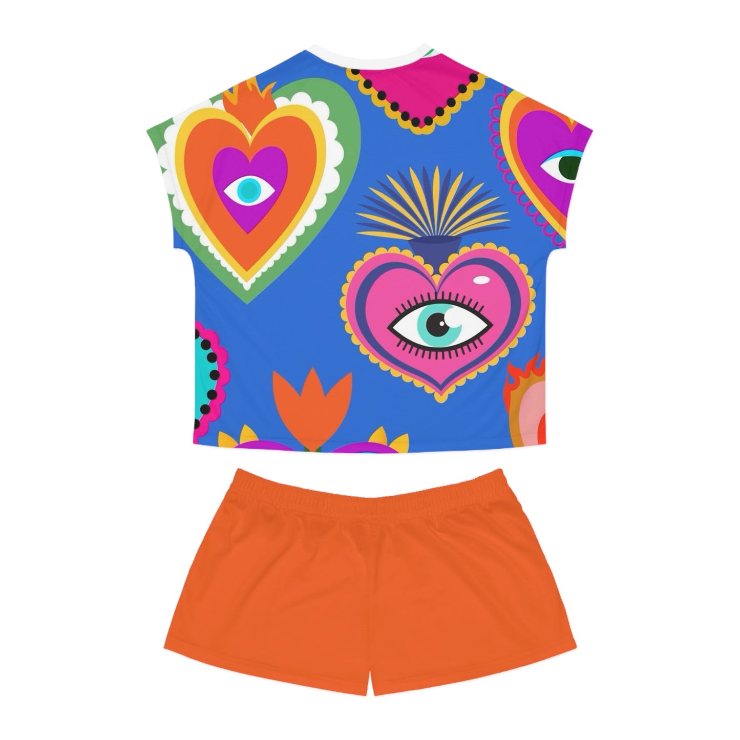 Vibrant “Evil Eye” Women's Short Pajama Set with Colorful Heart Designs