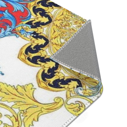 Baroque Scroll Area Rug — Red, Blue & Gold Ornate Accent Rug