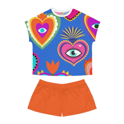 Vibrant “Evil Eye” Women's Short Pajama Set with Colorful Heart Designs