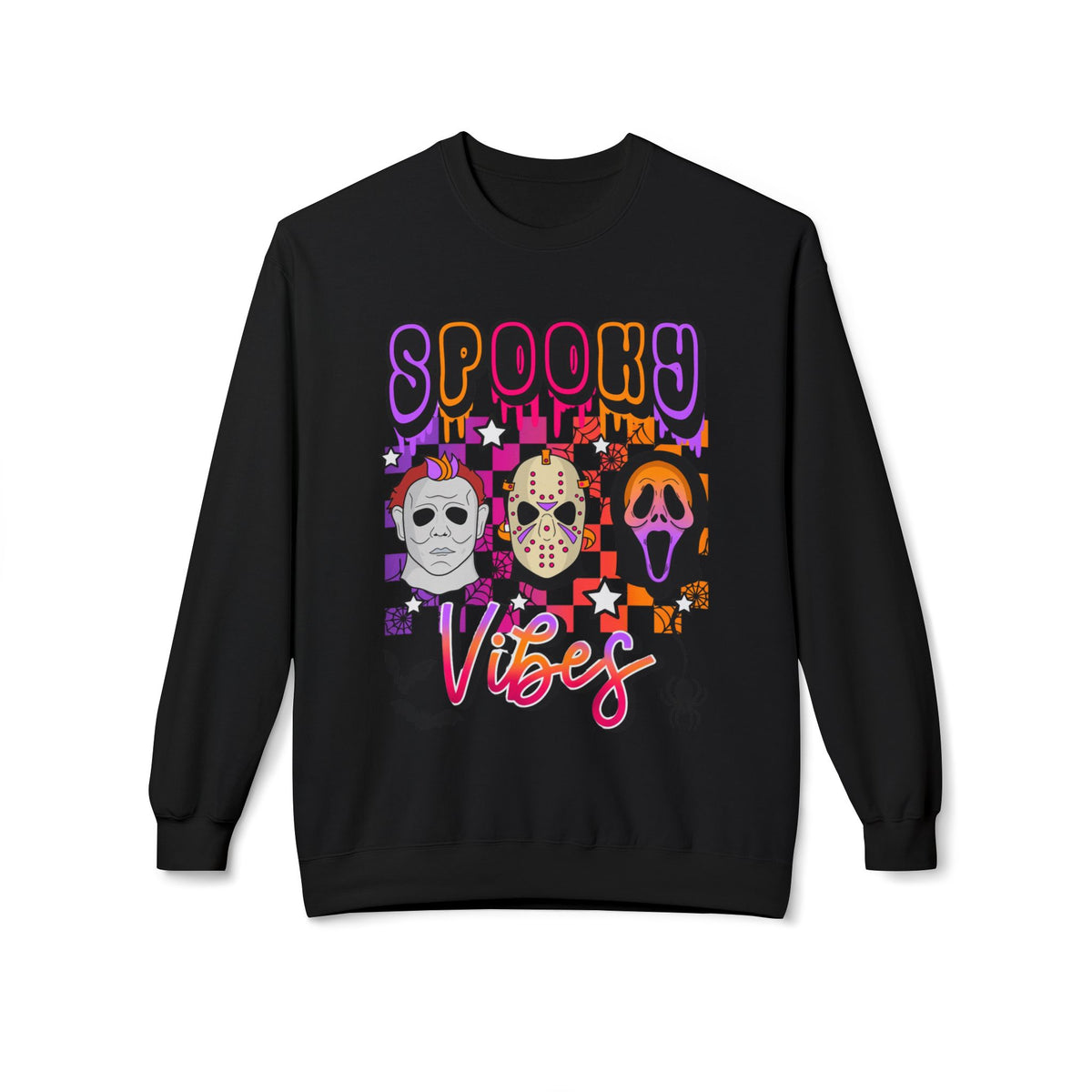 Spooky Vibes Crewneck Sweatshirt — Retro Neon Horror Masks Halloween Pullover