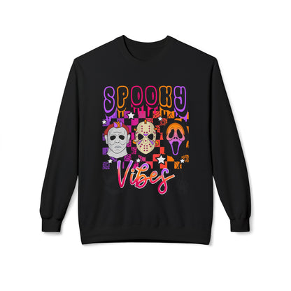 Spooky Vibes Crewneck Sweatshirt — Retro Neon Horror Masks Halloween Pullover