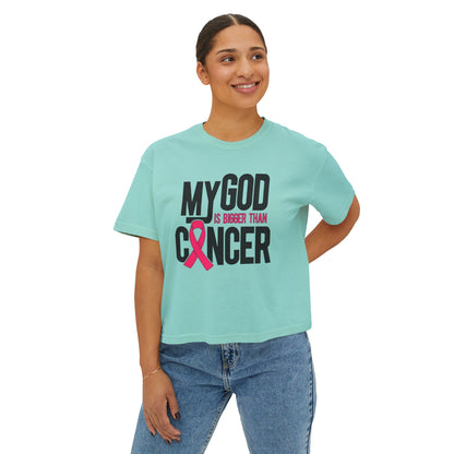 Boxy Tee — "My God Is Bigger Than Cancer" Pink Ribbon Breast Cancer Awareness Shirt