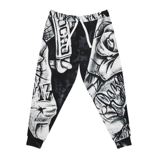 Black & White Tattoo Art Joggers – All-Over Print Athletic Pants