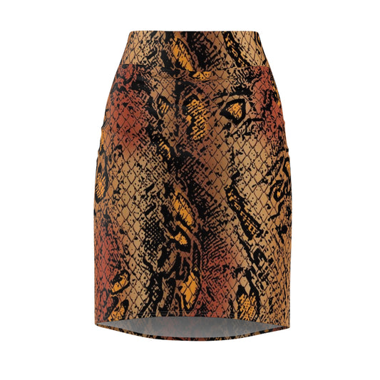 Snake Print Pencil Skirt — Brown & Rust All-Over Pattern
