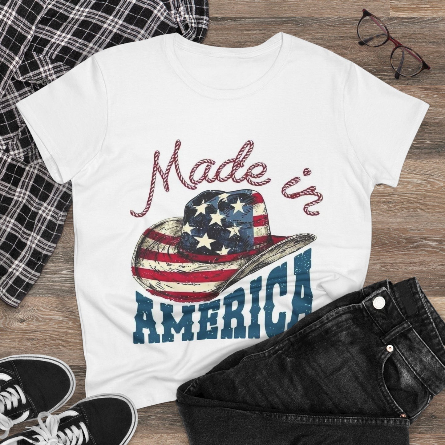 Made in America Women's Midweight Cotton Tee, Patriotic Shirt, Independence Day Tee, Comfortable Graphic T-Shirt, American Pride Top