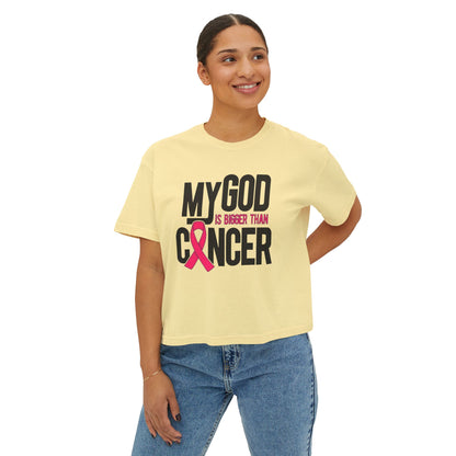 Boxy Tee — "My God Is Bigger Than Cancer" Pink Ribbon Breast Cancer Awareness Shirt