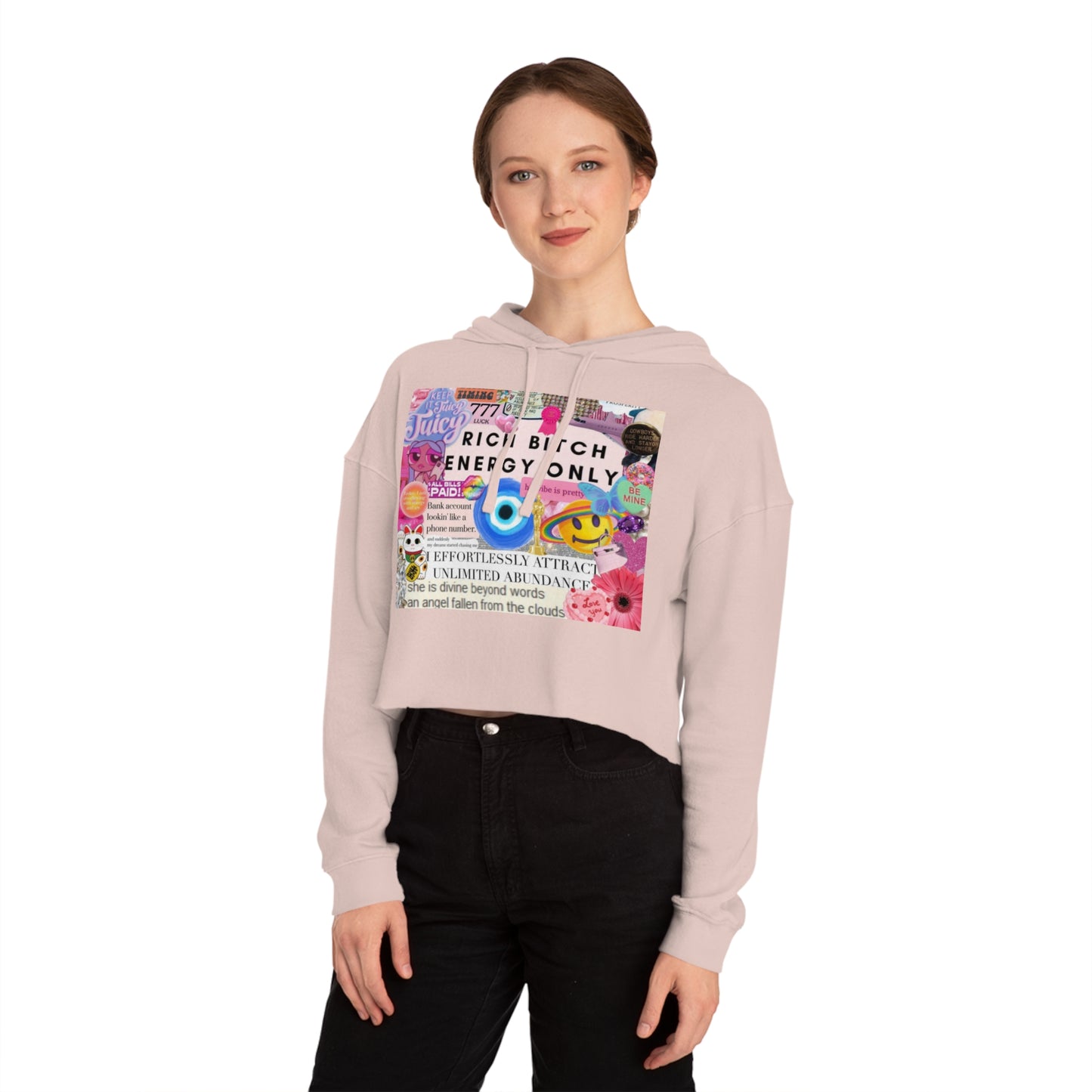Cropped Hoodie — "Rich Bitch Energy Only" Collage Graphic