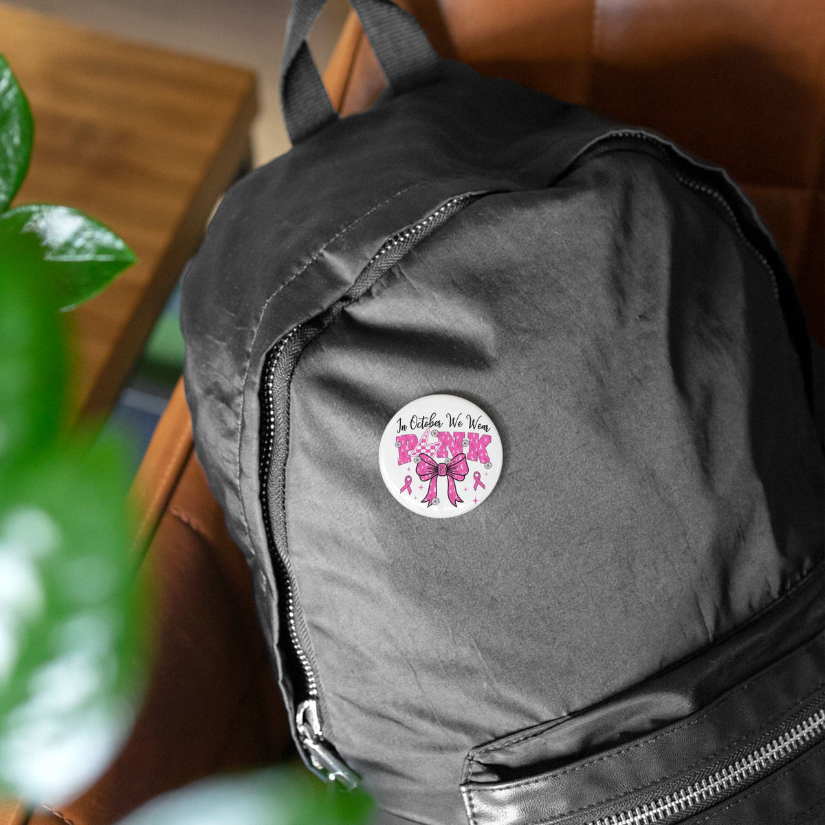 Breast Cancer Awareness Round Pin — "In October We Wear Pink" Ribbon Button