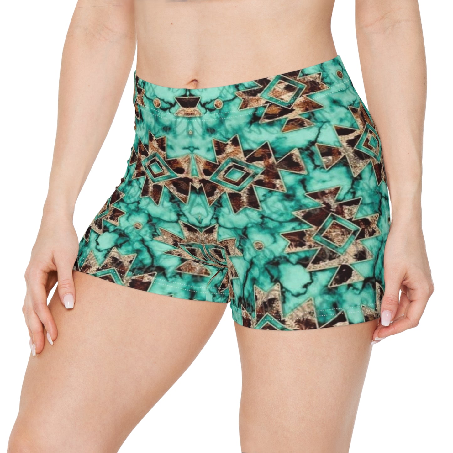 Turquoise Western Geometric Print Women's Shorts