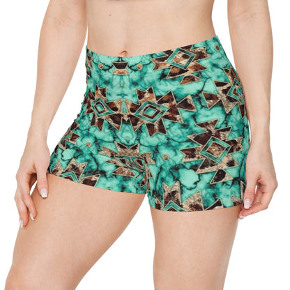 Turquoise Western Geometric Print Women's Shorts