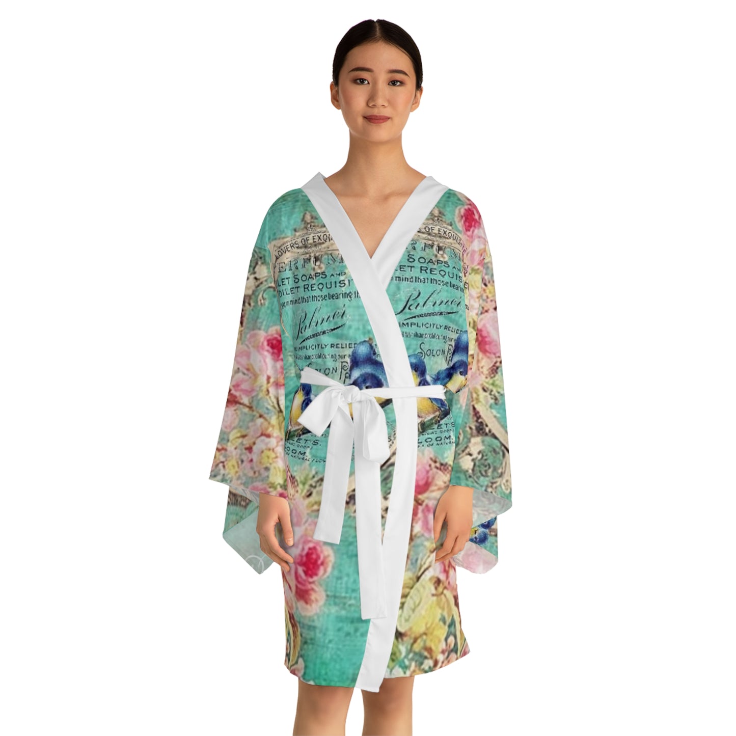 Vintage Floral Long Sleeve Kimono Robe with Birds - Perfect for Relaxation and Gift Giving