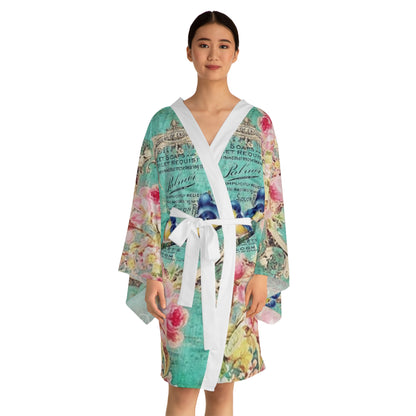 Vintage Floral Long Sleeve Kimono Robe with Birds - Perfect for Relaxation and Gift Giving