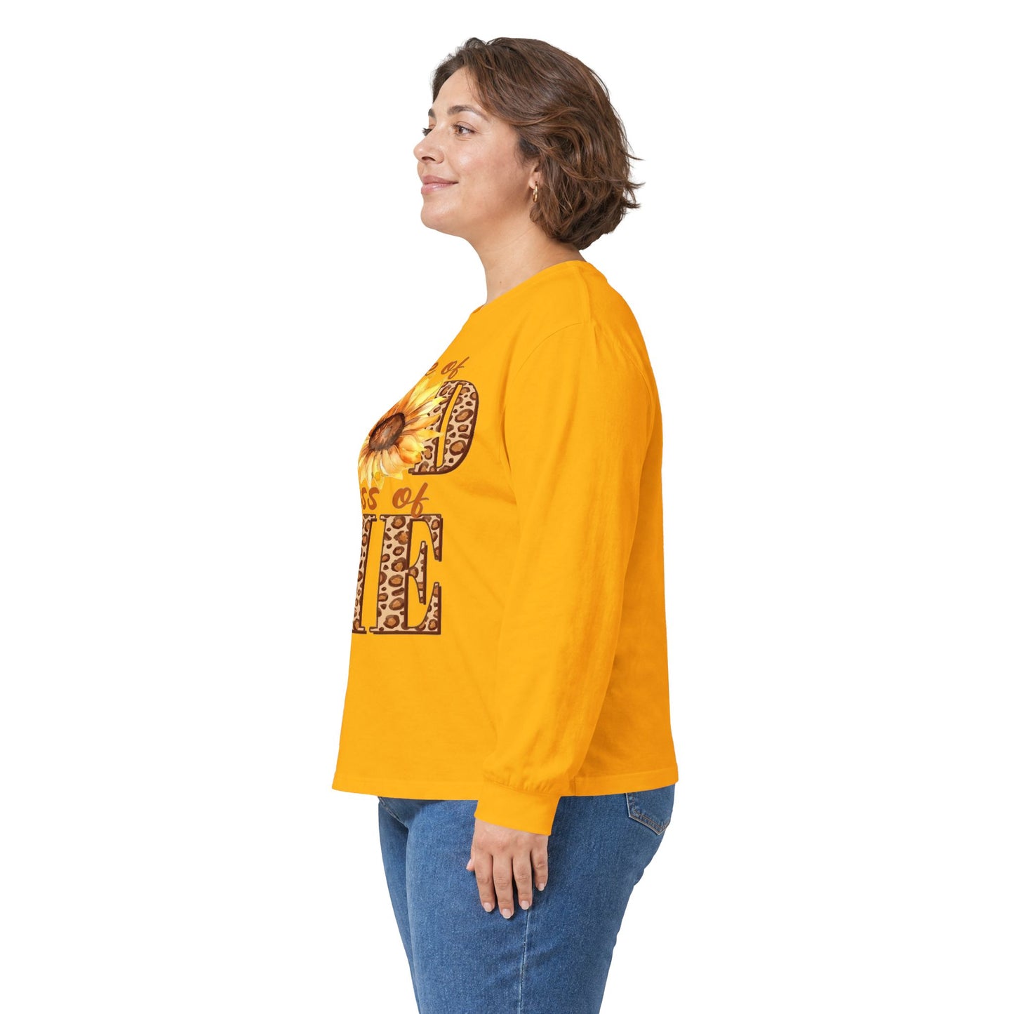 Long Sleeve Tee — "More of God Less of Me" Sunflower Faith Design