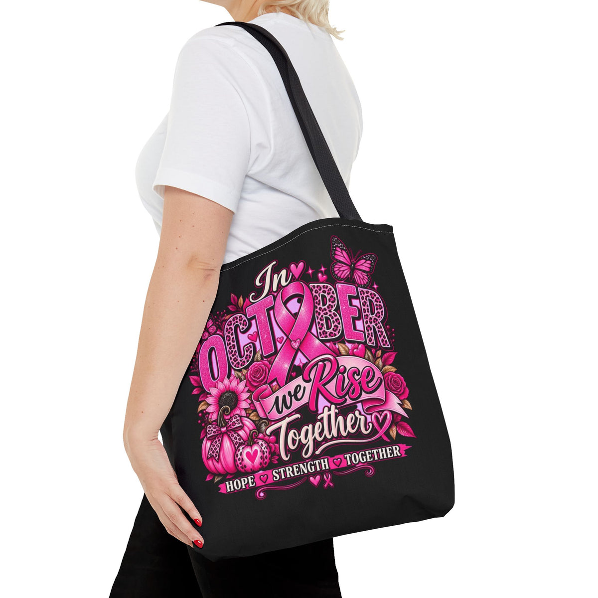 Breast Cancer Awareness Tote — "In October We Rise Together" Pink Ribbon Tote Bag