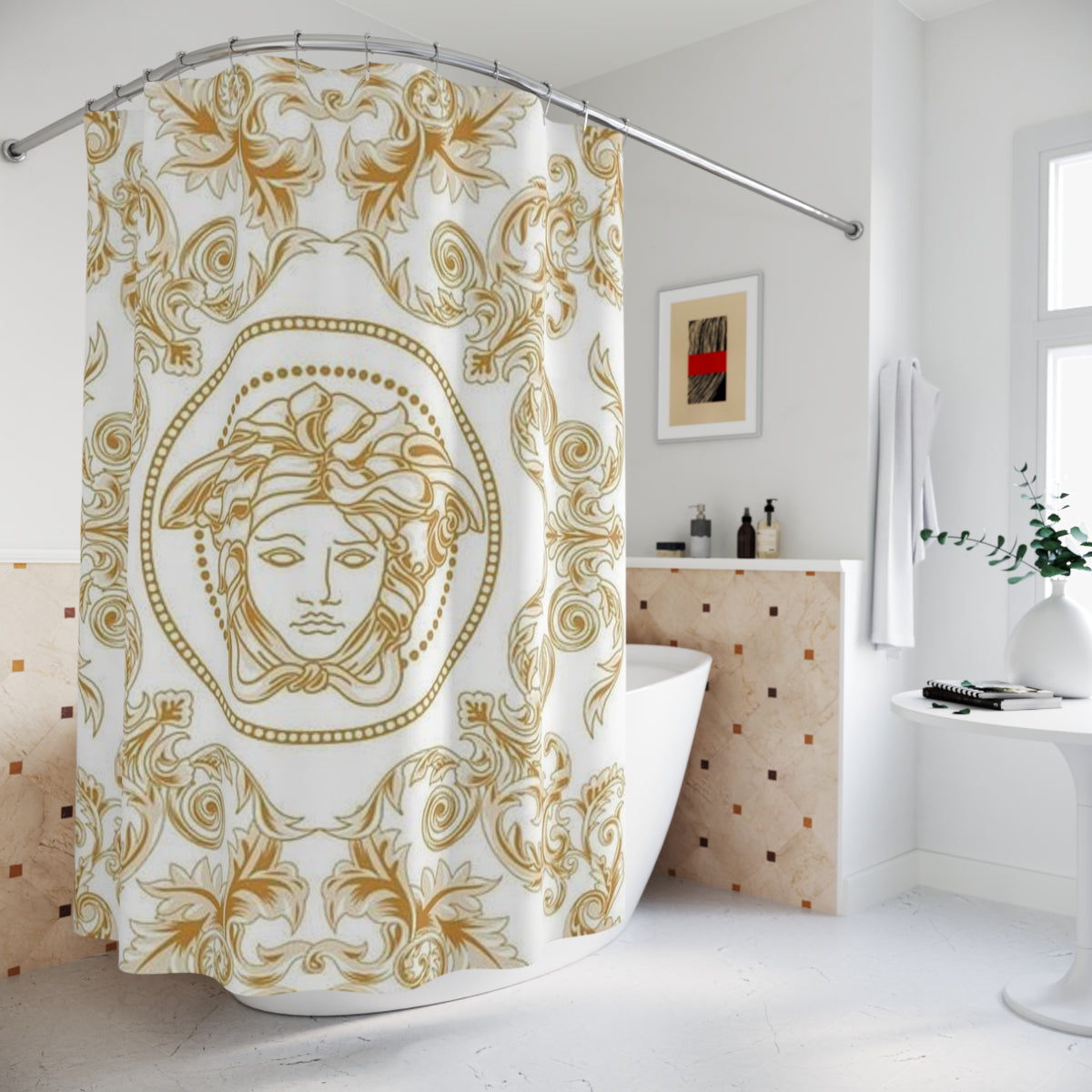 Gold Medusa Baroque Shower Curtain — Luxurious Greek Myth Bathroom Decor