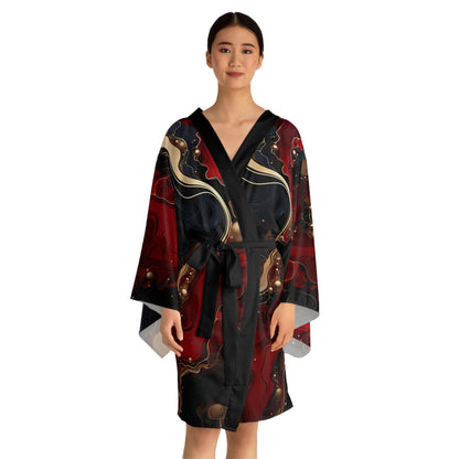 Eleganter Kimono-Bademantel mit langen Ärmeln – Abstraktes Marmordesign für Entspannung und Spa-Tage