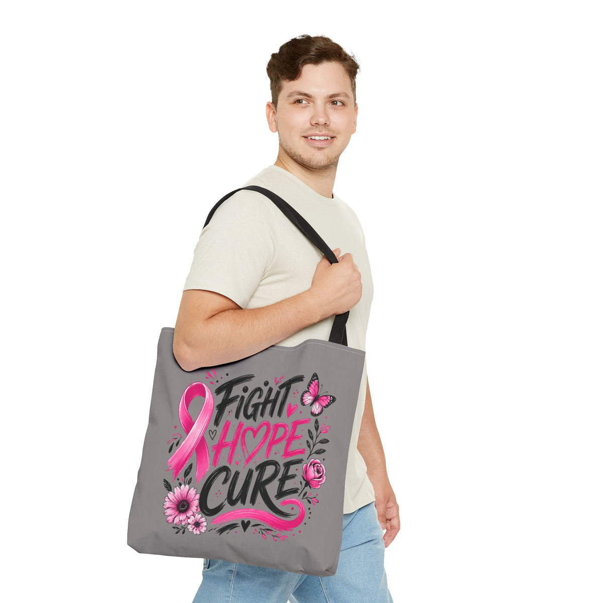 Breast Cancer Awareness Tote Bag — Fight Hope Cure Pink Ribbon Design
