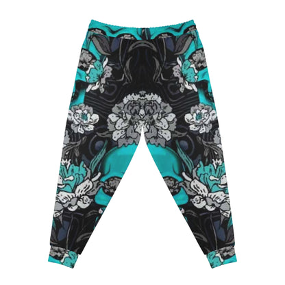 Teal Skull Floral Joggers — Gothic Athletic Pants with All-Over Print
