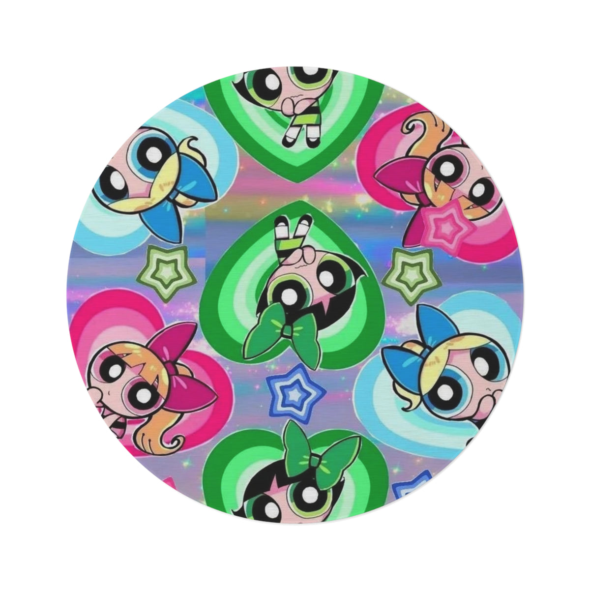 Powerpuff Girls Pattern Round Rug – Colorful Kids’ Cartoon Floor Mat