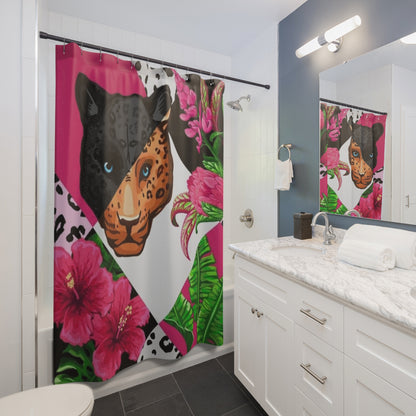 Leopard Floral Shower Curtain — Bold Pink Jungle Bathroom Decor