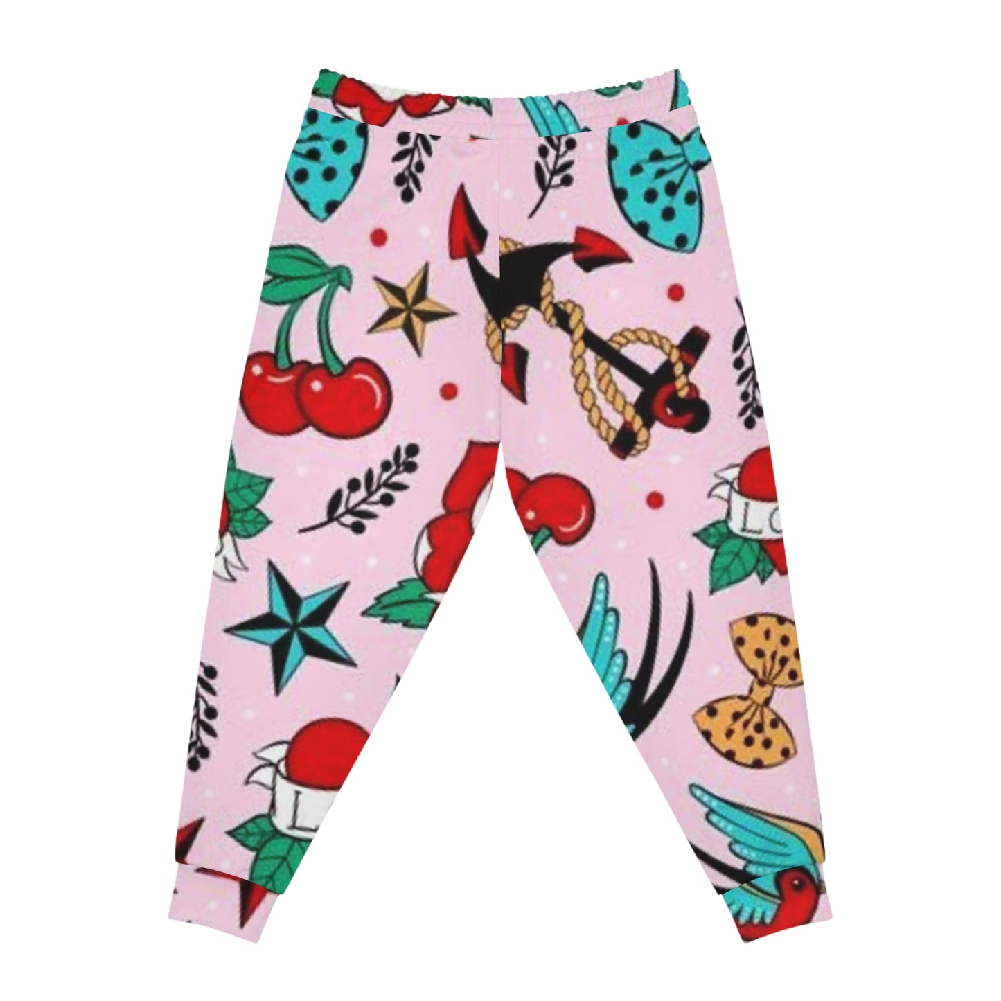 Retro Tattoo Print Joggers — Pink Cherry & Anchor Athletic Pants