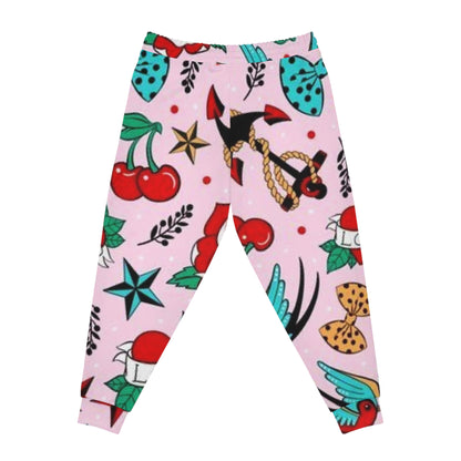 Retro Tattoo Print Joggers — Pink Cherry & Anchor Athletic Pants