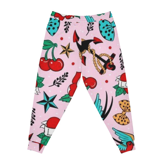 Retro Tattoo Print Joggers — Pink Cherry & Anchor Athletic Pants