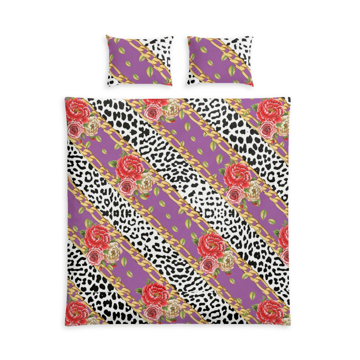 Floral Leopard Stripe Cotton Bed Set — Purple Rose Duvet Cover
