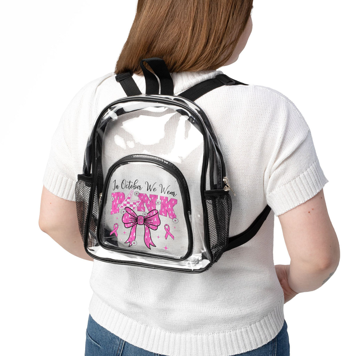 Clear Stadium Backpack — Pink Bow Cheer Design, Transparent Game-Day Bag