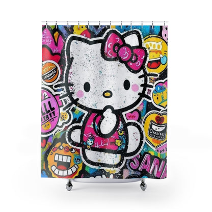 Hello Kitty Graffiti Shower Curtain — Colorful Street Art Bath Decor