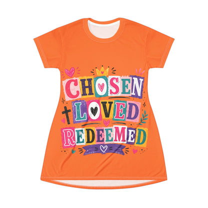 T-Shirt Dress - "Chosen Loved Redeemed" Colorful Faith Graphic