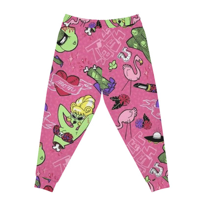 Pink Retro Pop Pattern Joggers — Flamingo, Lipstick & Heart Graphic Athletic Pants