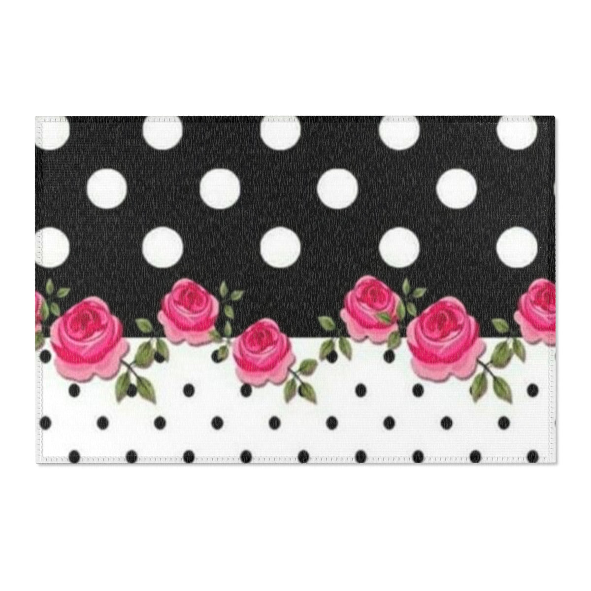 Polka Dot Rose Area Rug — Black & White Vintage Floral Accent Rug