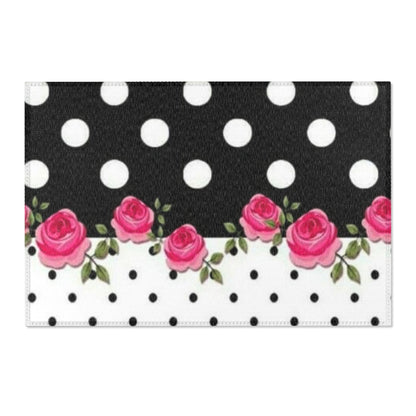 Polka Dot Rose Area Rug — Black & White Vintage Floral Accent Rug