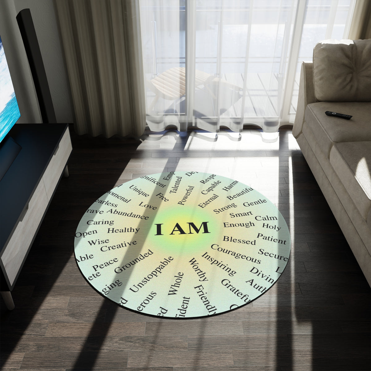 Round Affirmation Rug — "I AM" Positive Words Meditation Mat