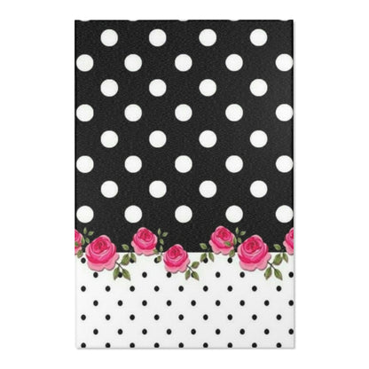 Polka Dot Rose Area Rug — Black & White Vintage Floral Accent Rug