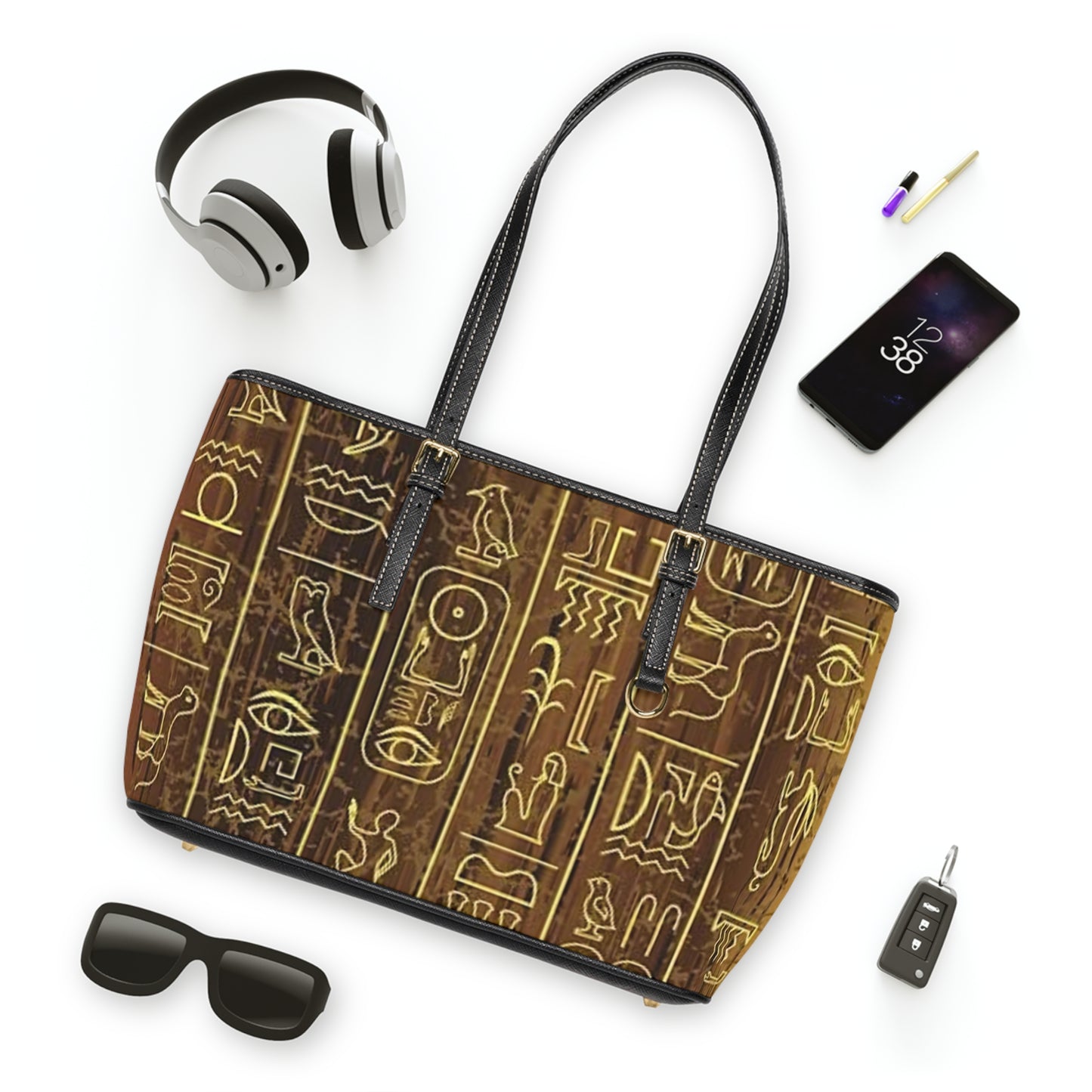 Ancient Egyptian PU Leather Shoulder Bag - Stylish Tote with Hieroglyphic Design