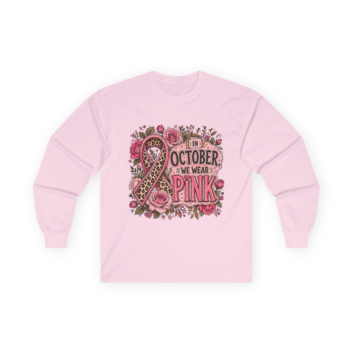 Breast Cancer Awareness Long Sleeve Tee — "In October We Wear Pink" Floral Ribbon